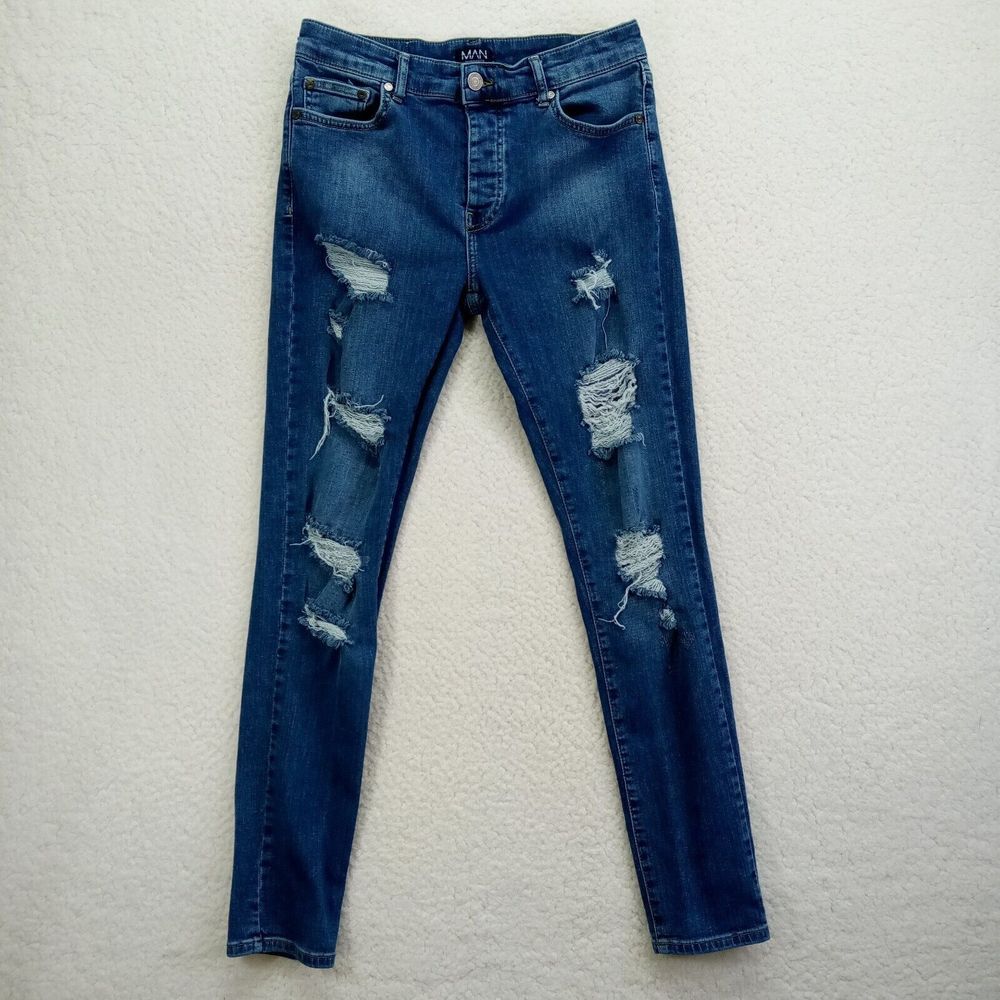 boohoo‎ Man Jeans Mens 32x30 Distressed Denim Stretch Cotton Blend Medium Wash